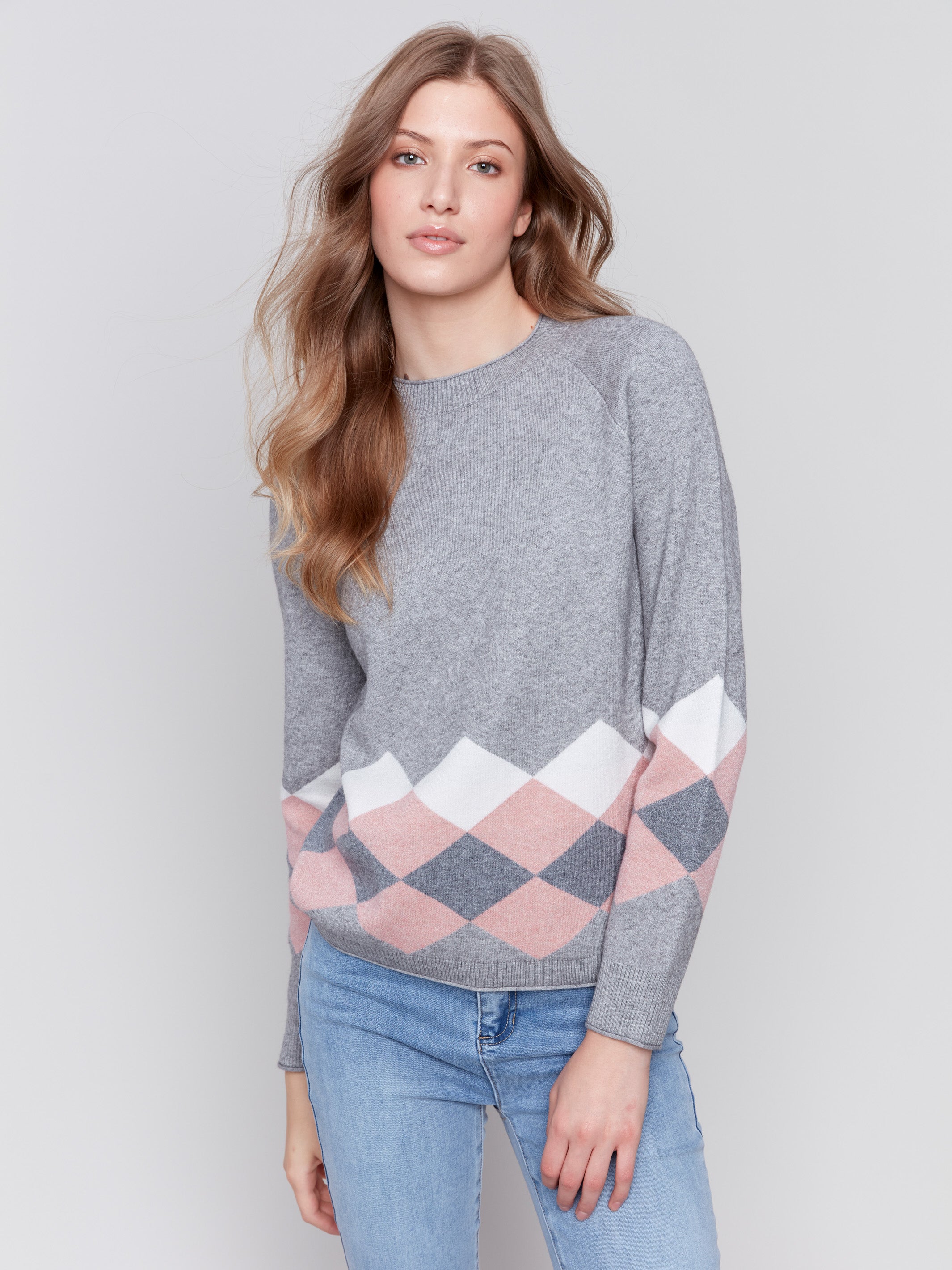 Heather grey argyle knit sweater with raglan sleeves, featuring a crew neckline by Charlie B.