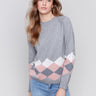 Heather grey argyle knit sweater with raglan sleeves, featuring a crew neckline by Charlie B.