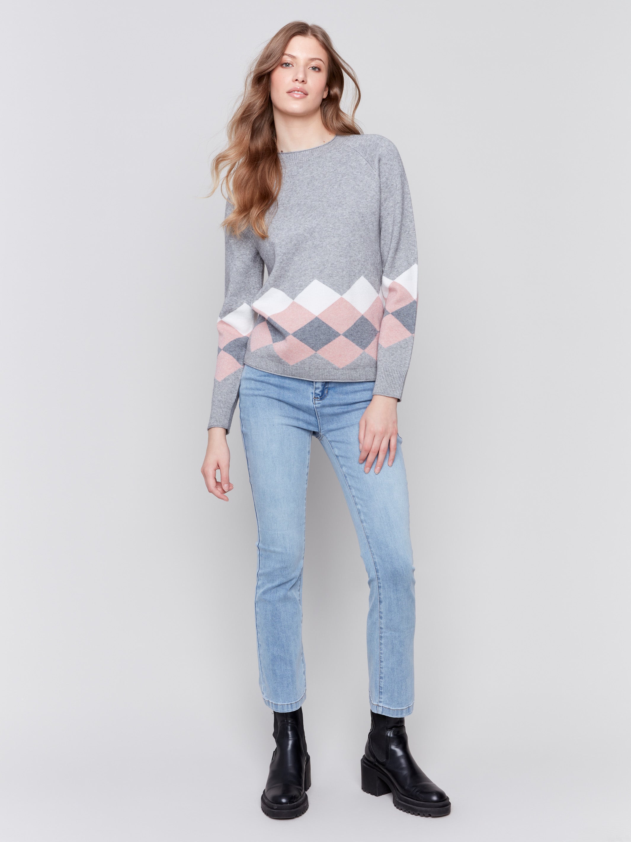 Heather grey argyle knit sweater with raglan sleeves, featuring a crew neckline by Charlie B.