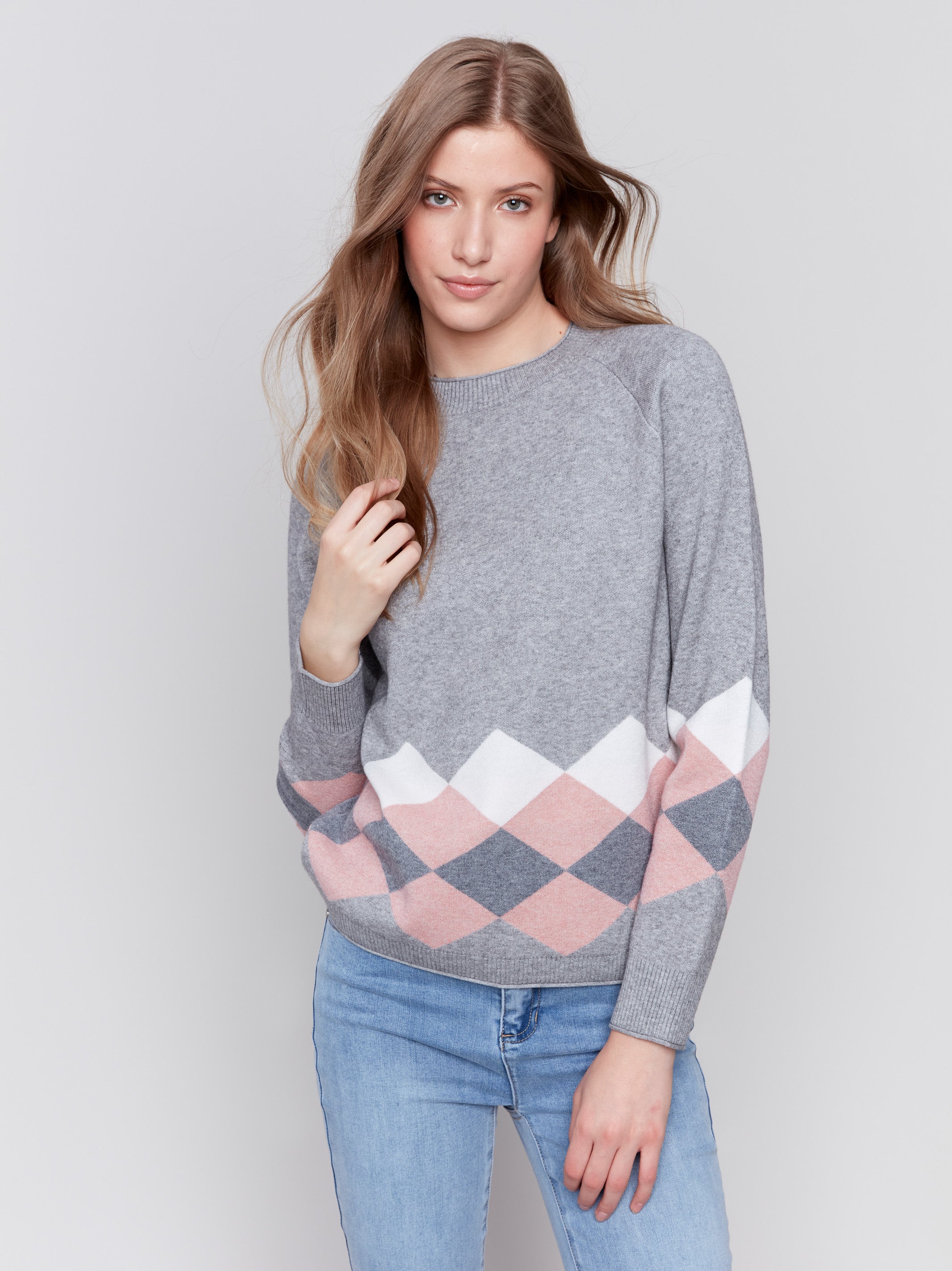 Heather grey argyle knit sweater with raglan sleeves, featuring a crew neckline by Charlie B.