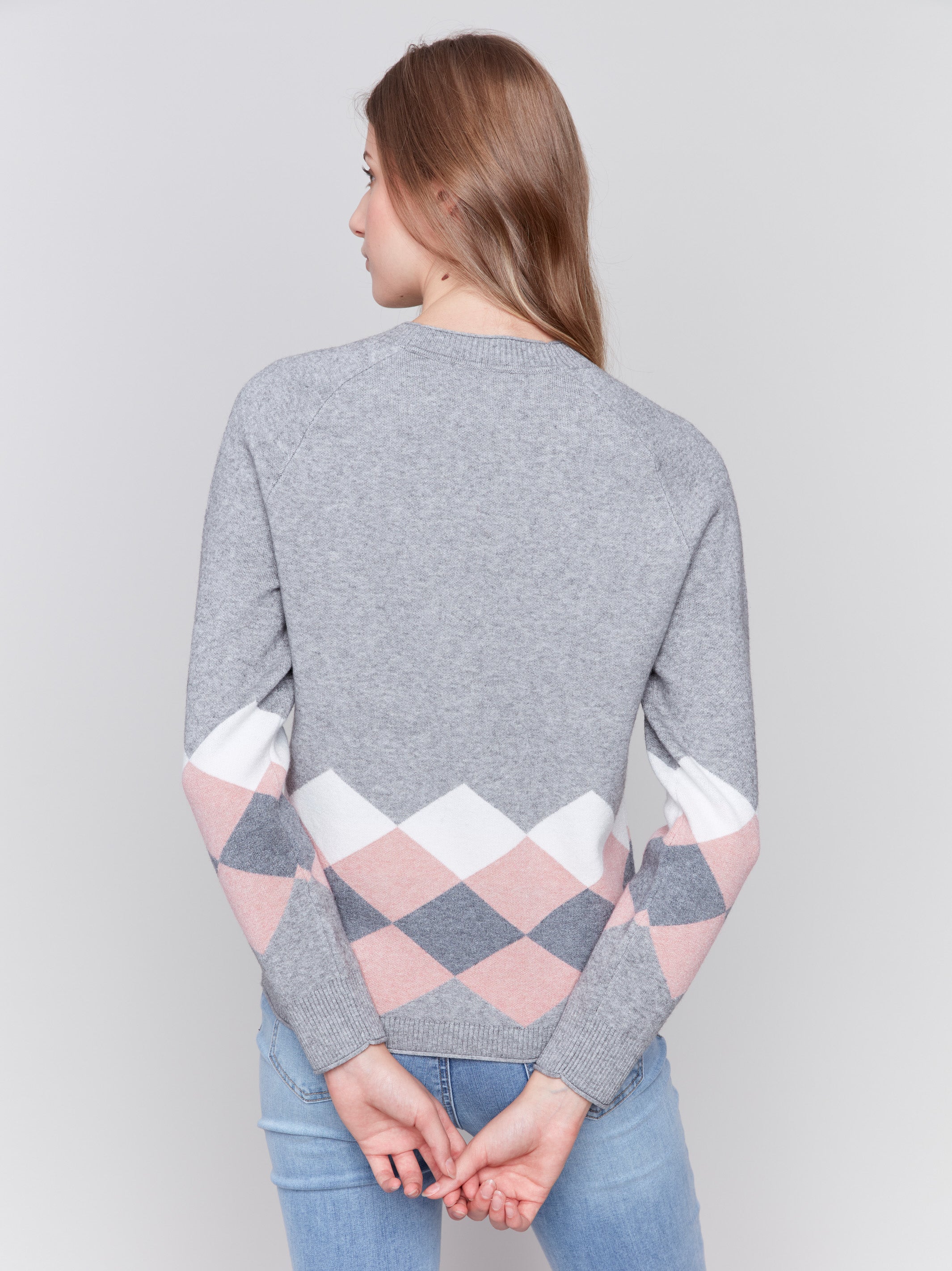 Heather grey argyle knit sweater with raglan sleeves, featuring a crew neckline by Charlie B.