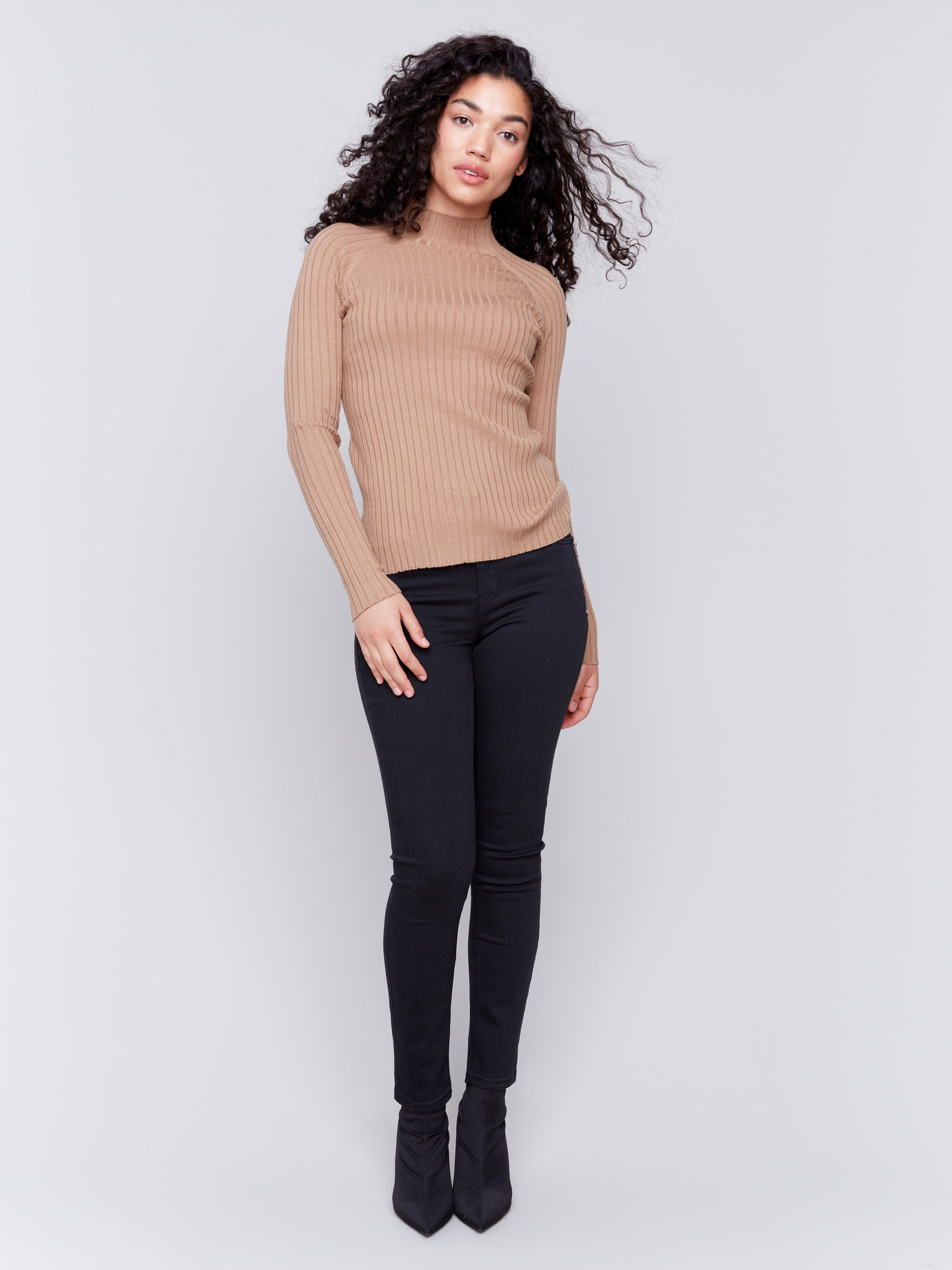 Truffle ribbed knit sweater with a mock neck and long sleeves by Charlie B.