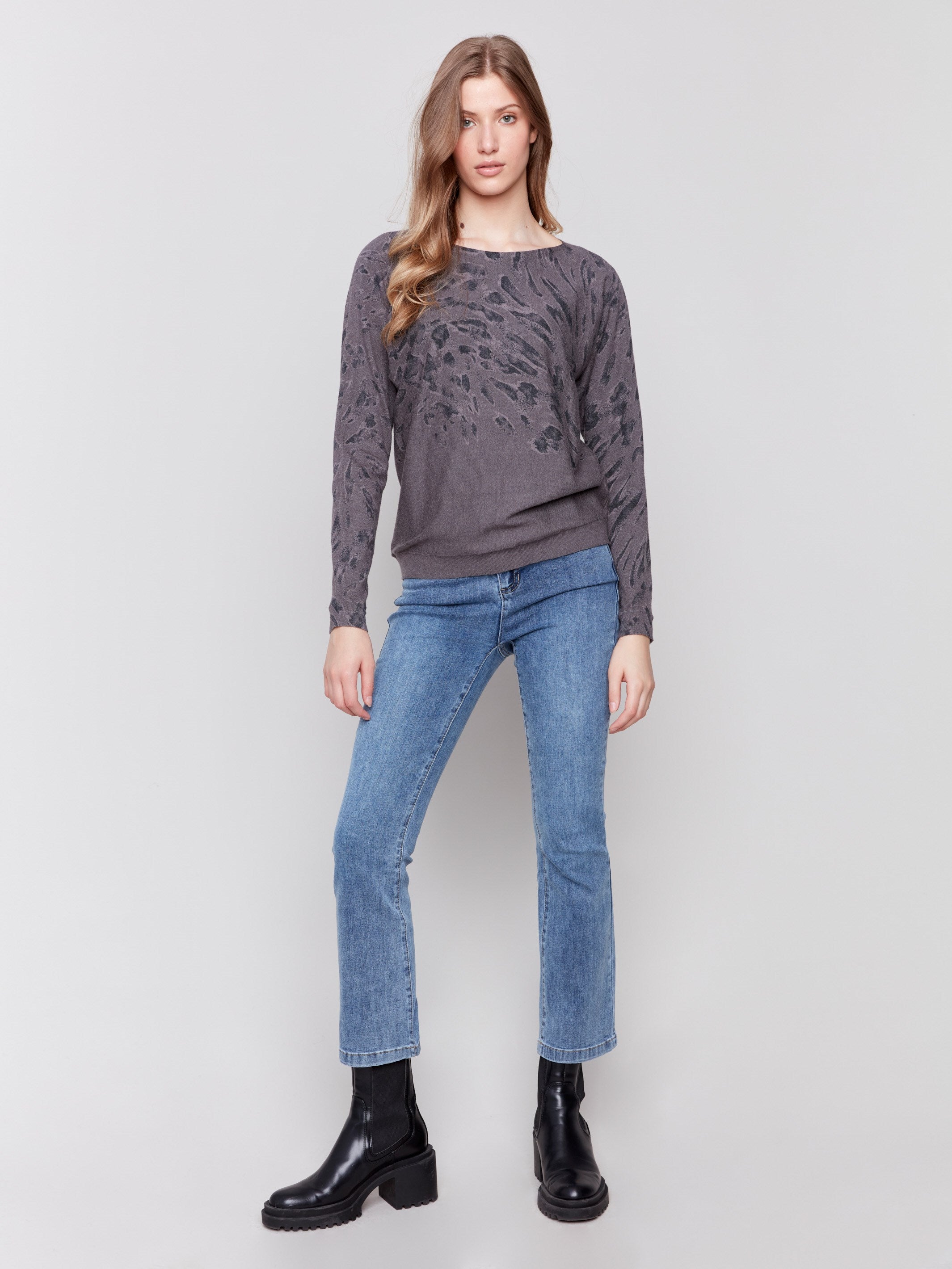 Charcoal animal print sweater with batwing sleeves and a relaxed fit by Charlie B.