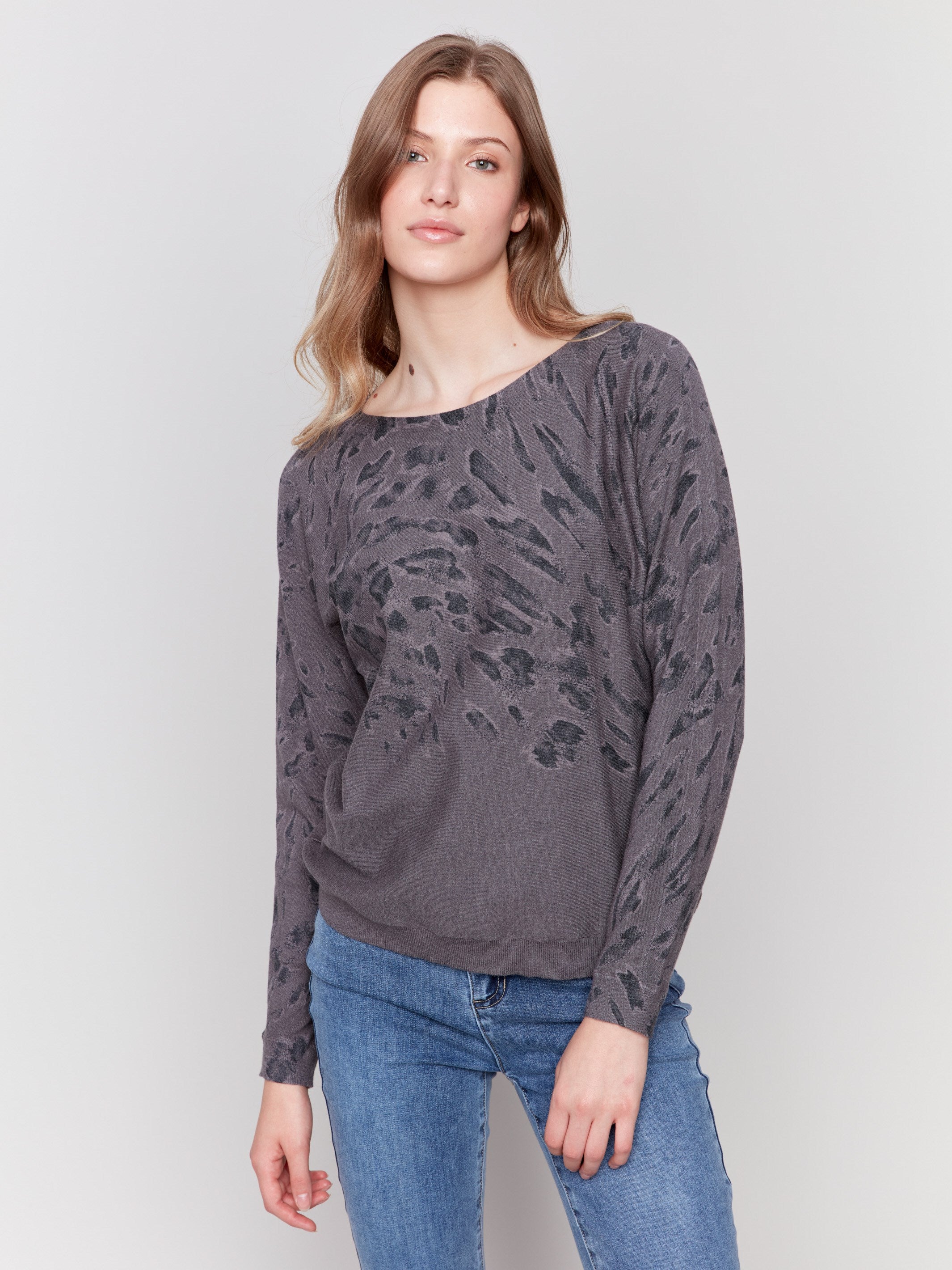 Charcoal animal print sweater with batwing sleeves and a relaxed fit by Charlie B.