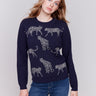 Navy blue sweater with jacquard cheetah pattern featuring a crew neckline and long sleeves by Charlie B.