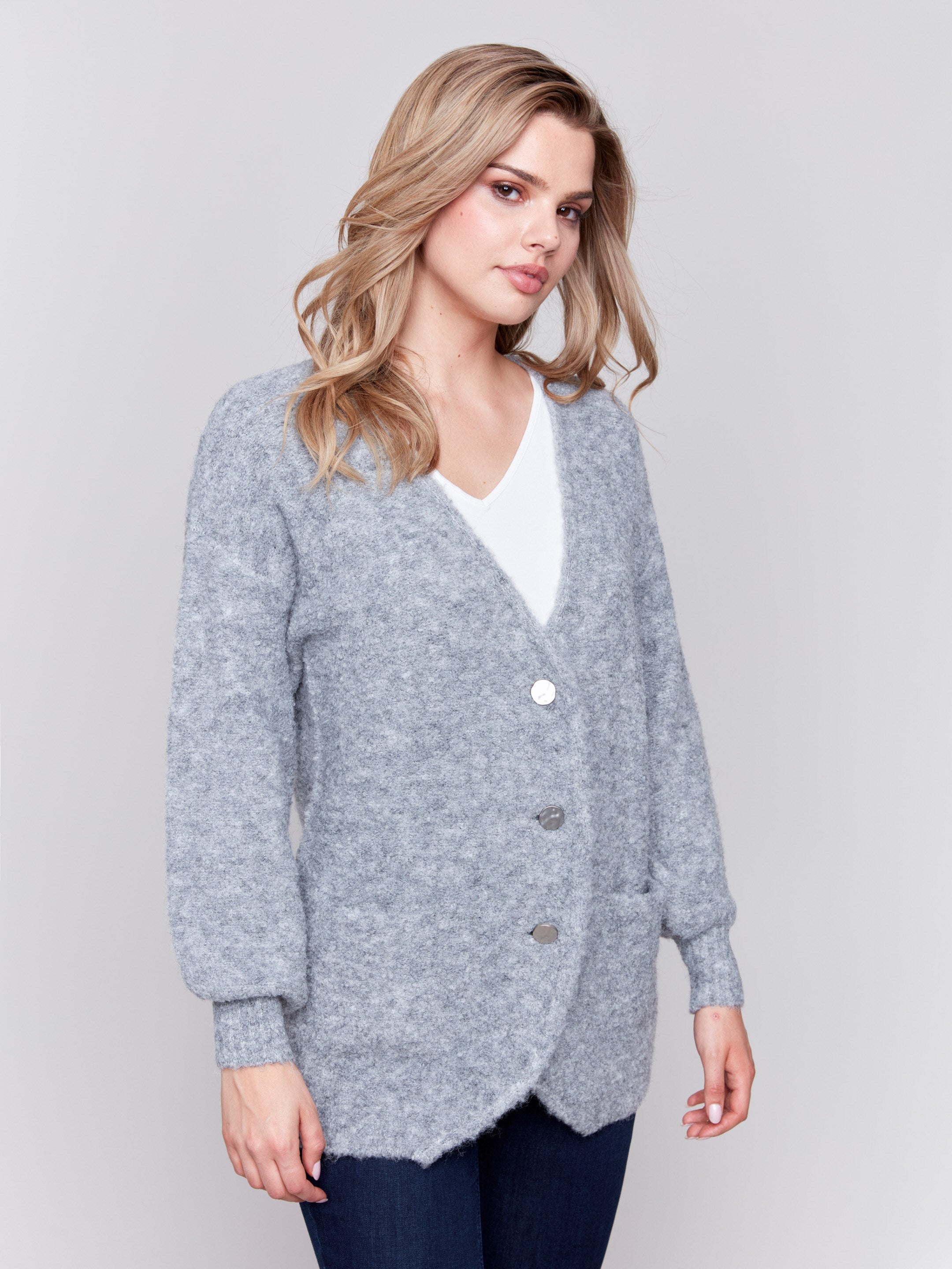 Heather grey boucle knit cardigan with front button closure and ribbed cuffs by Charlie B.