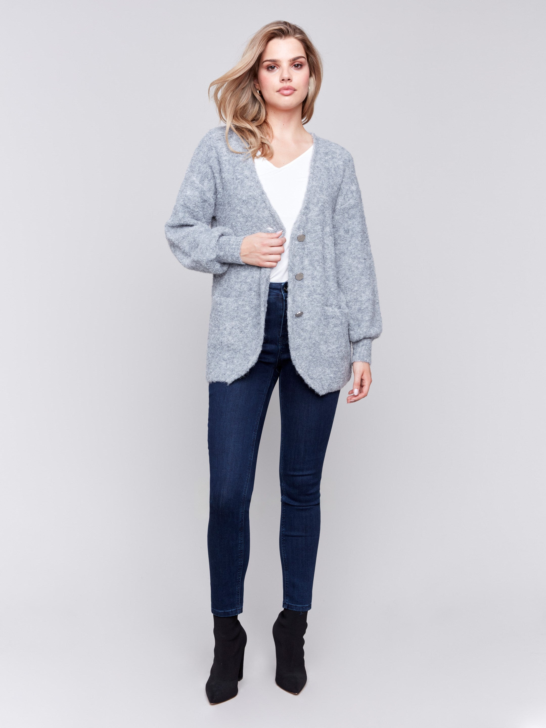 Heather grey boucle knit cardigan with front button closure and ribbed cuffs by Charlie B.