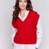 Cranberry red soft touch sweater vest with a V-neck and relaxed fit, perfect for layering by Charlie B.