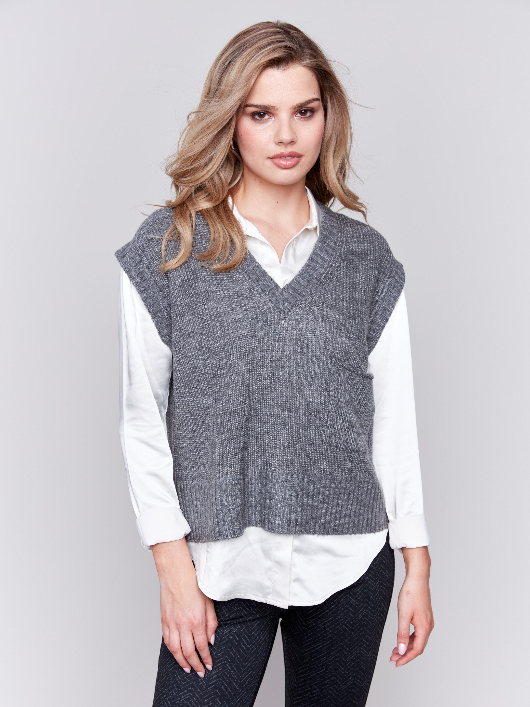 Grey soft touch sweater vest with a V-neck and relaxed fit, perfect for layering by Charlie B.