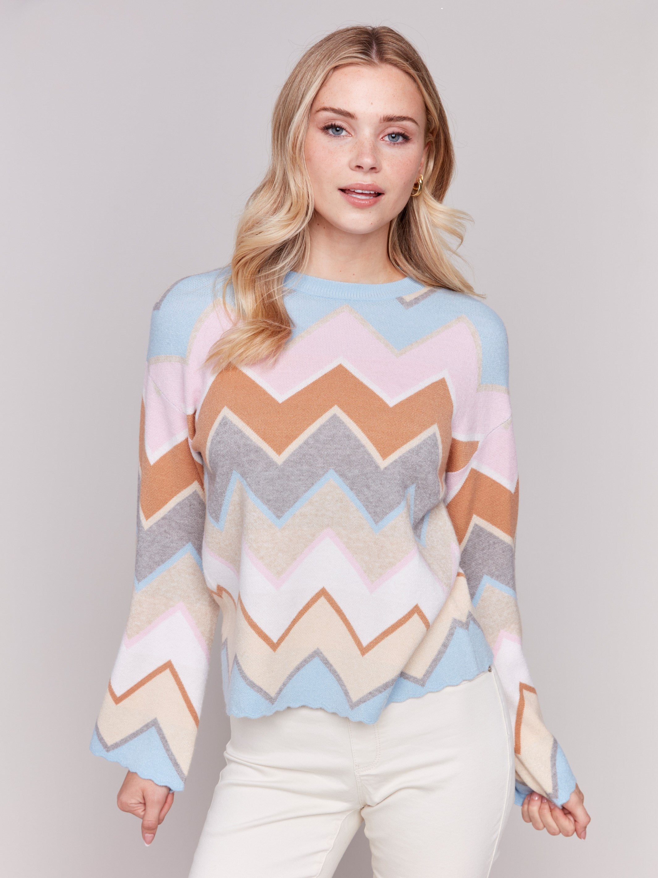 Colorful chevron stripe sweater with bell sleeves and a crew neckline by Charlie B.