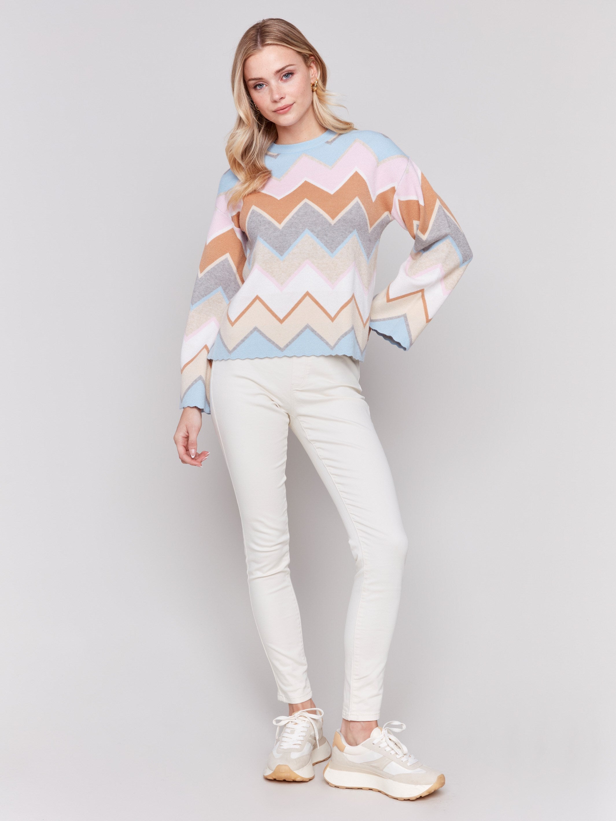 Colorful chevron stripe sweater with bell sleeves and a crew neckline by Charlie B.