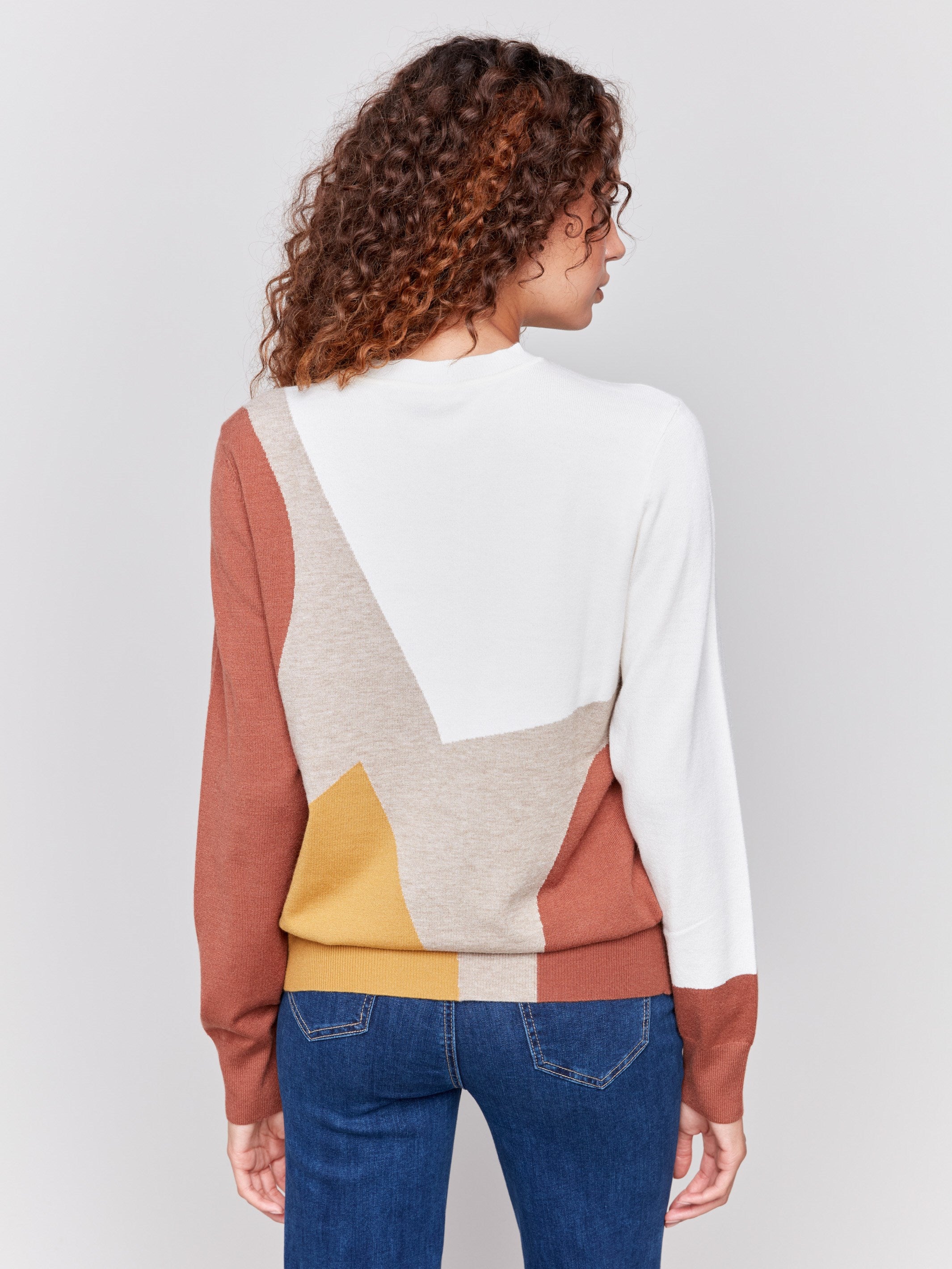 Color block sweater in shades of ecru and brown with a crew neckline and long sleeves by Charlie B.