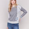 Sweater with heather grey color block design and patch pocket by Charlie B.