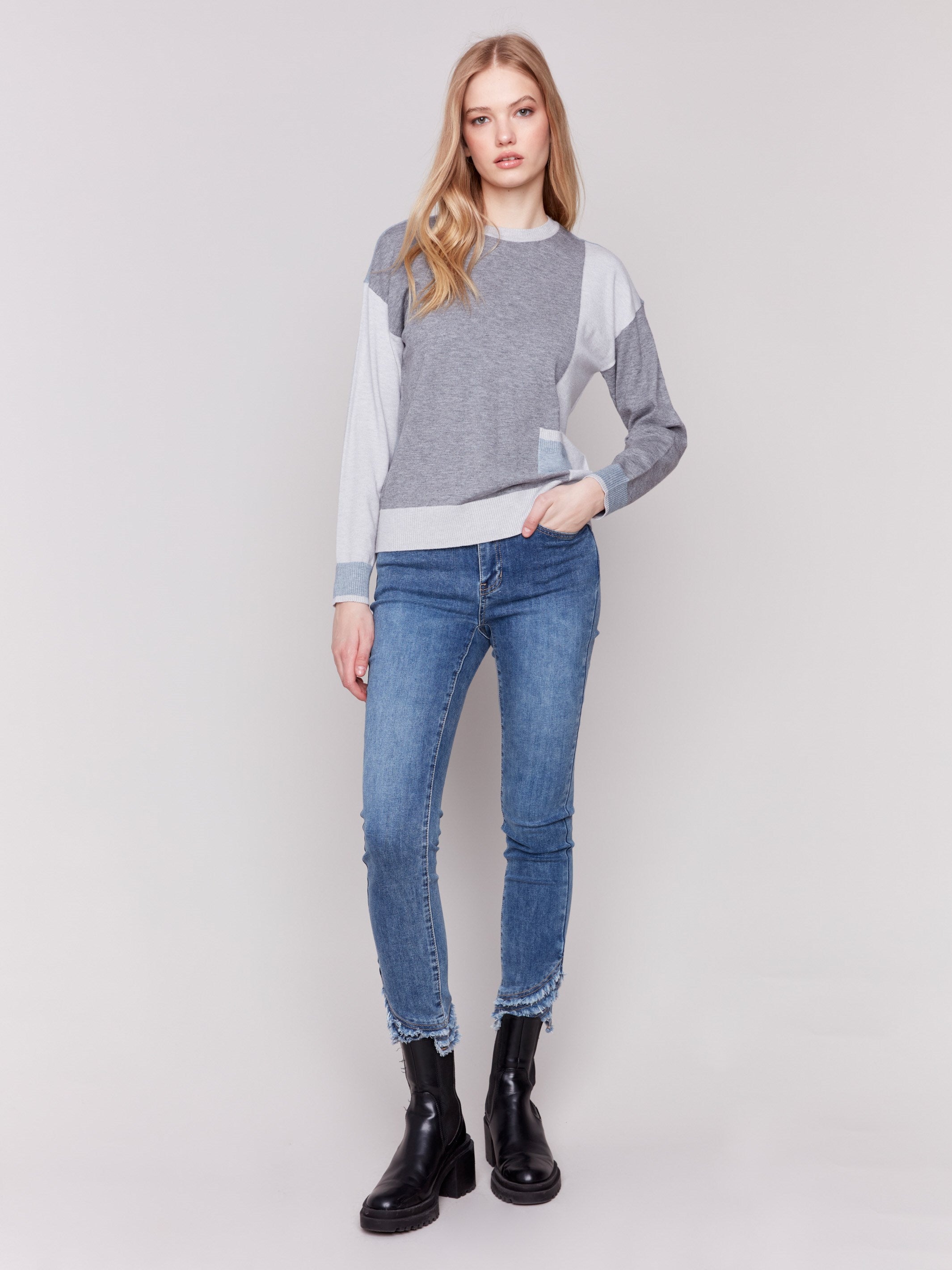 Sweater with heather grey color block design and patch pocket by Charlie B.