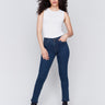 Dark blue slim-leg jeans featuring cuffed hems and a five-pocket design by Charlie B.