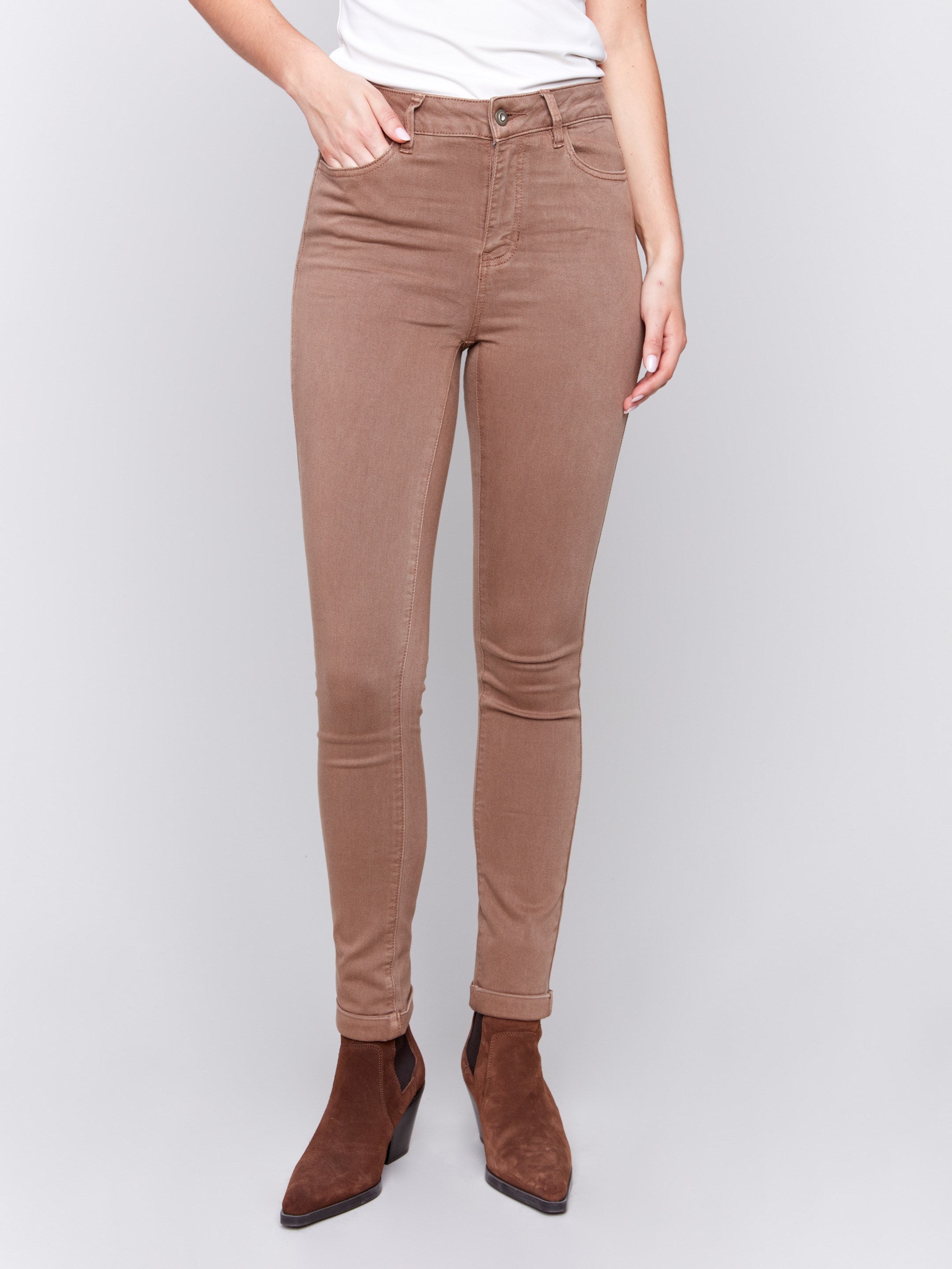 Truffle brown slim-leg twill jeans with a cuffed hem and a classic five-pocket design by Charlie B.