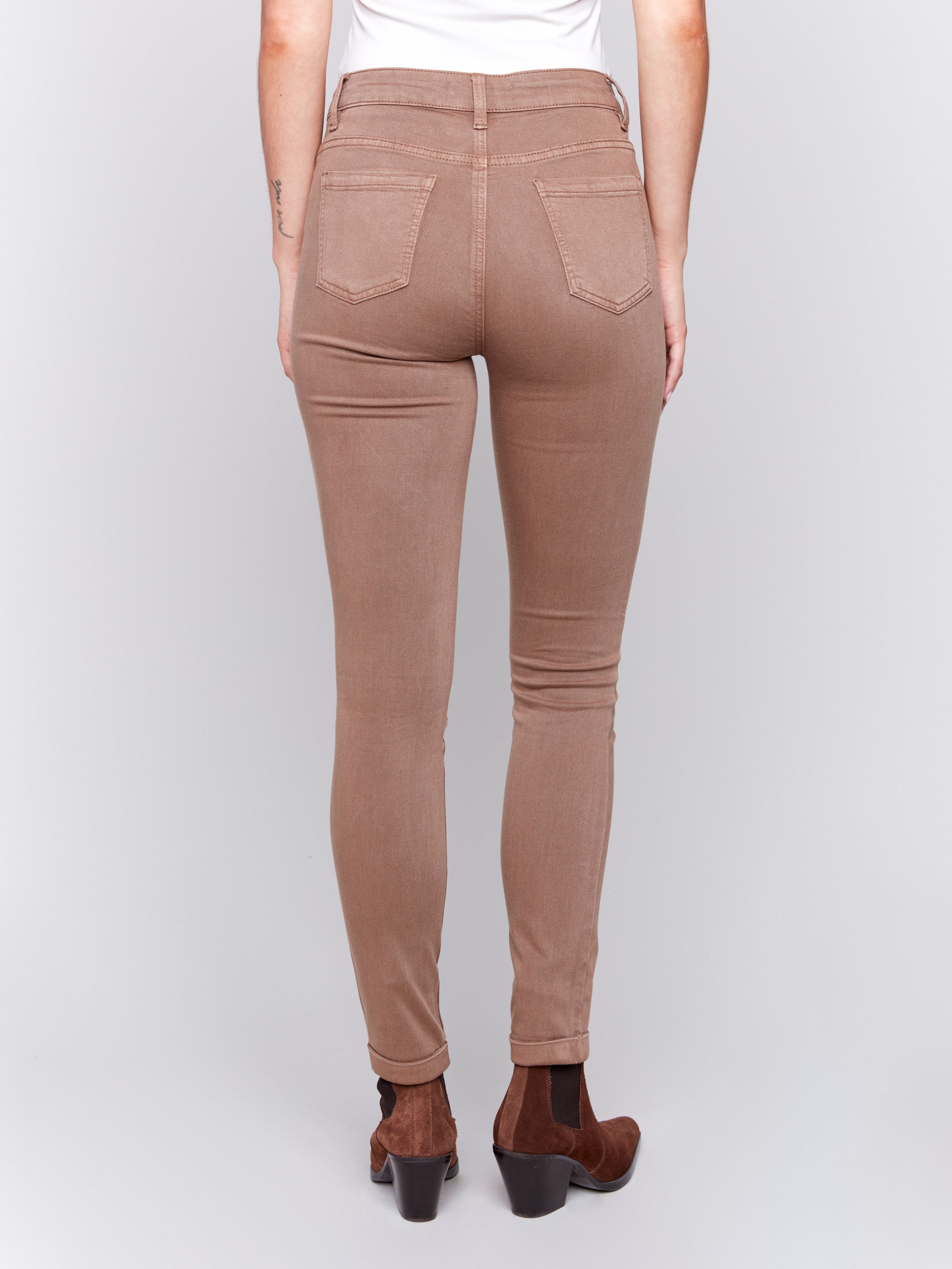 Truffle brown slim-leg twill jeans with a cuffed hem and a classic five-pocket design by Charlie B.