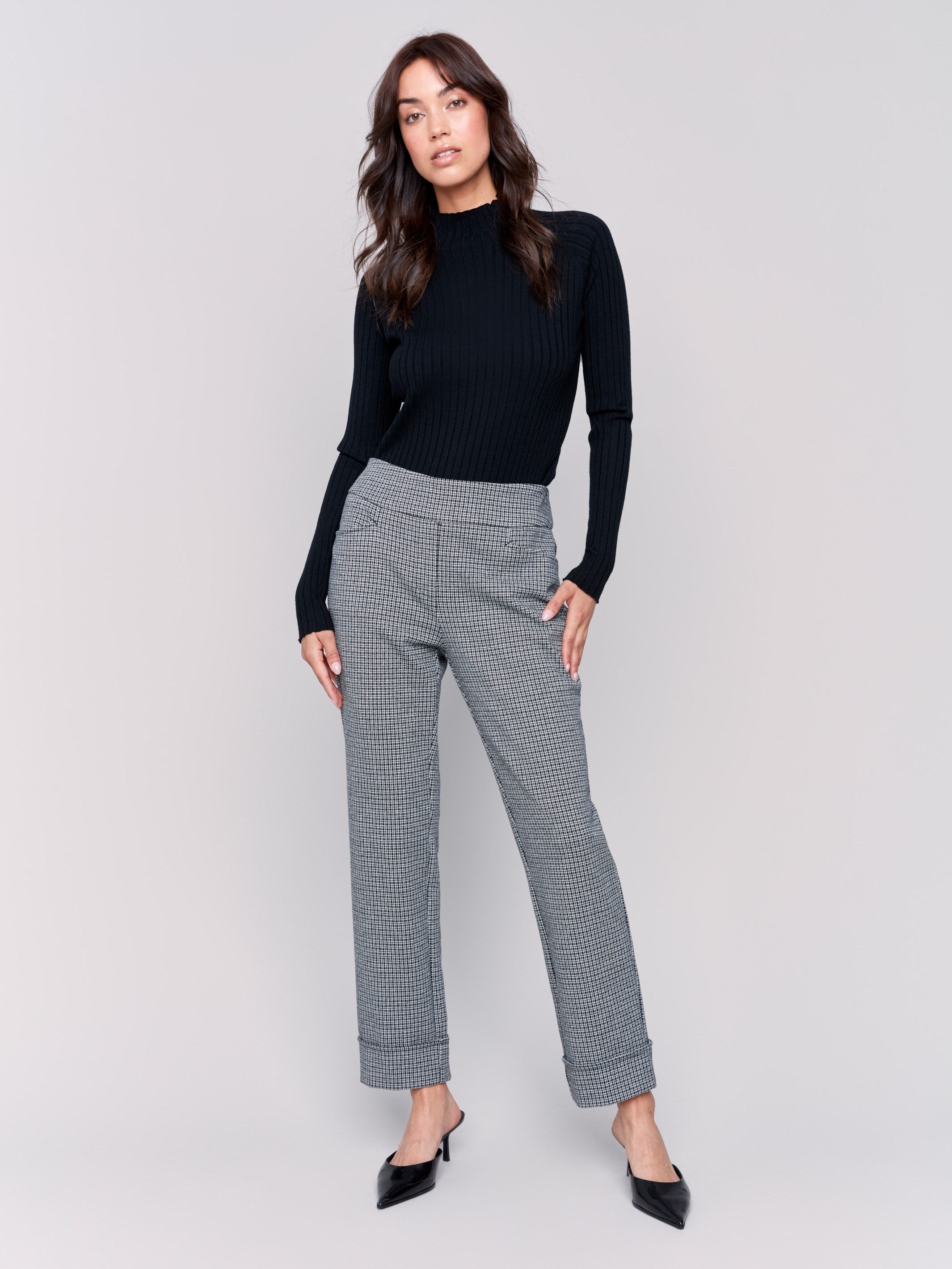 Tattersall print, straight leg ponte pants in grey with cuffed hems by Charlie B.