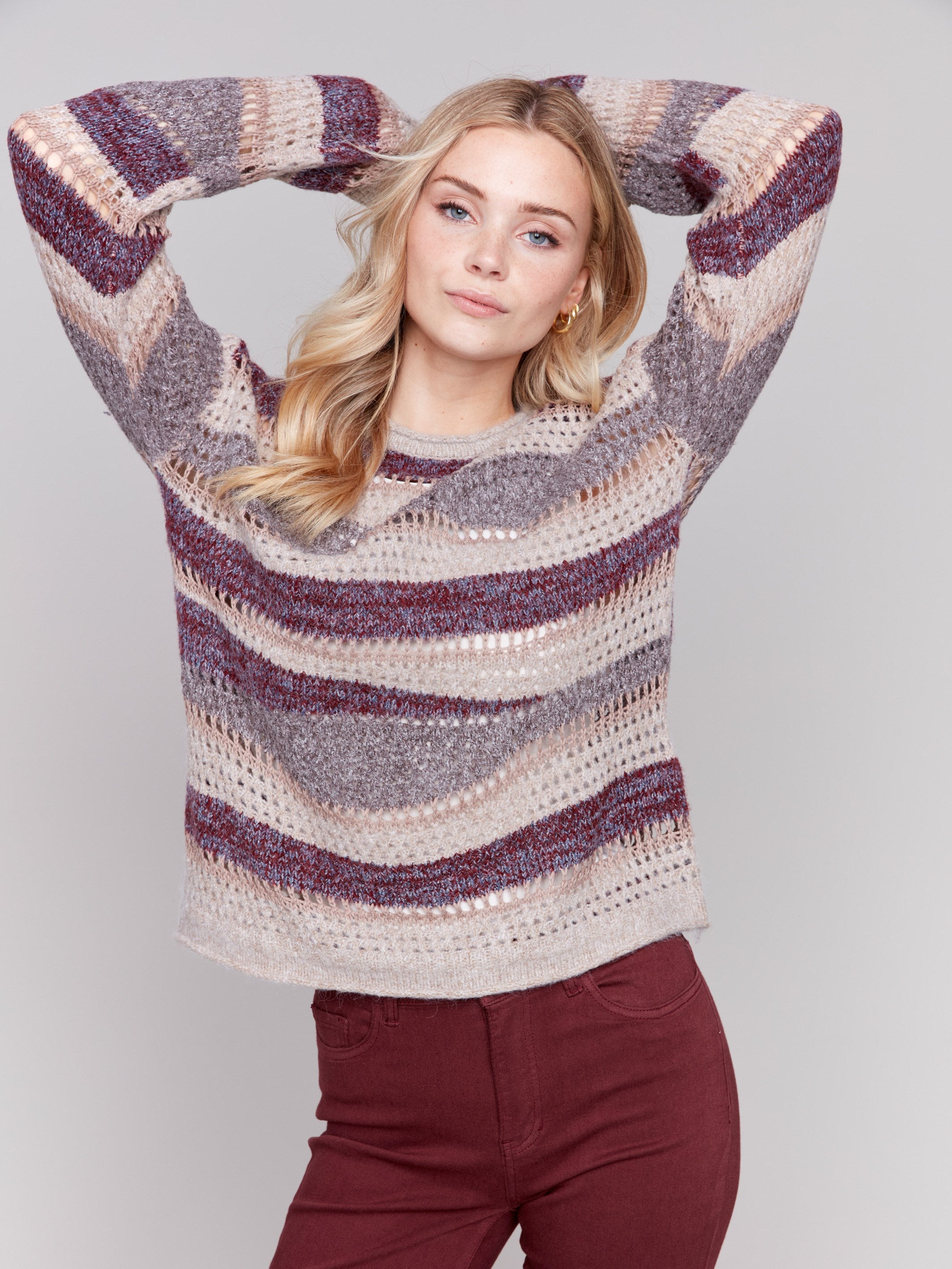 Patchwork knit drop shoulder sweater in cabernet, featuring long sleeves and a crew neckline by Charlie B.