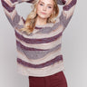 Patchwork knit drop shoulder sweater in cabernet, featuring long sleeves and a crew neckline by Charlie B.