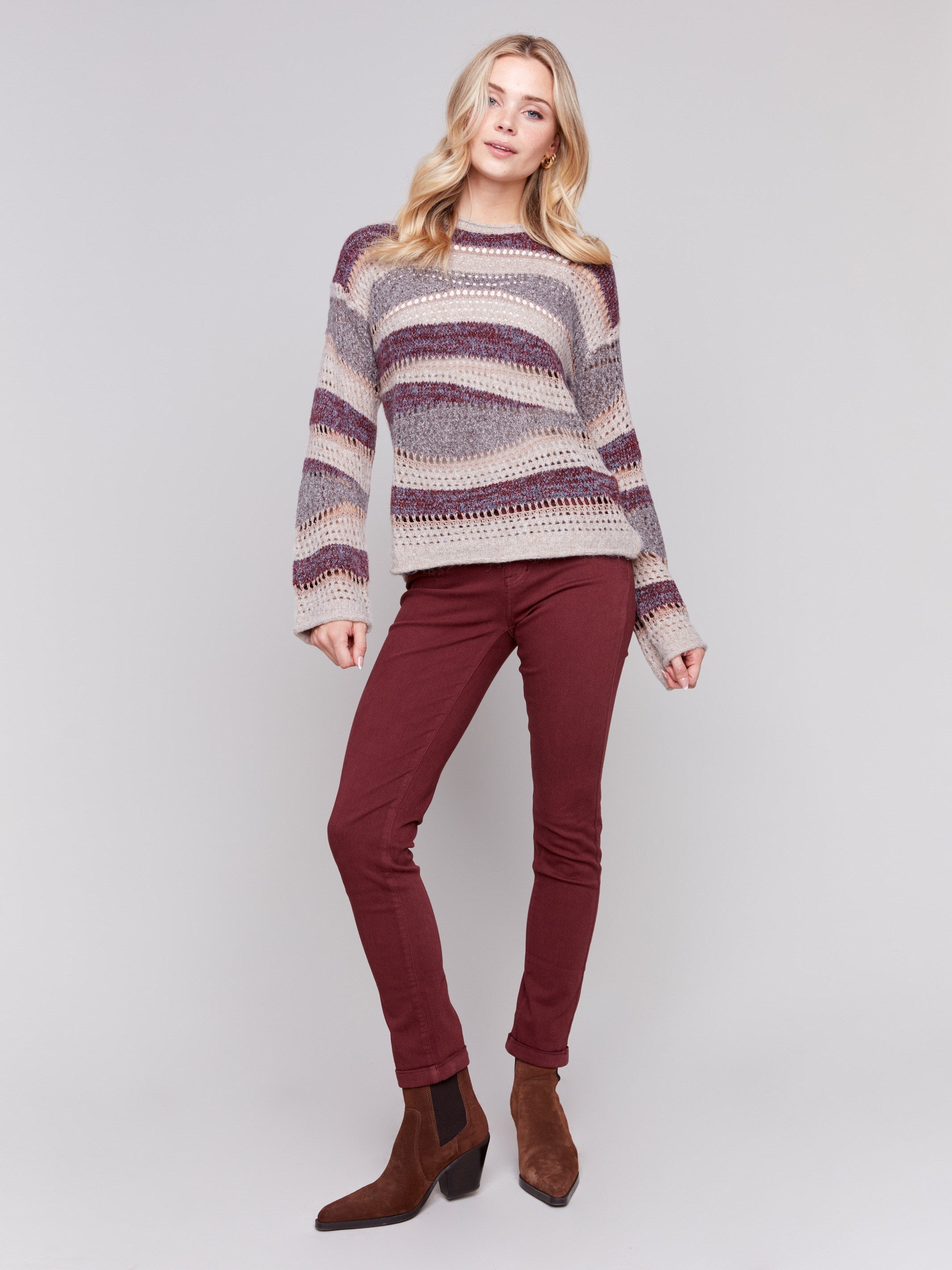 Patchwork knit drop shoulder sweater in cabernet, featuring long sleeves and a crew neckline by Charlie B.