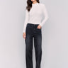 Charcoal-colored flare jeans with heart-shaped front pockets, regular rise, and flare leg by Charlie B.