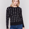 Black plushy knit sweater with floral embroidery, crew neck, and long sleeves by Charlie B.