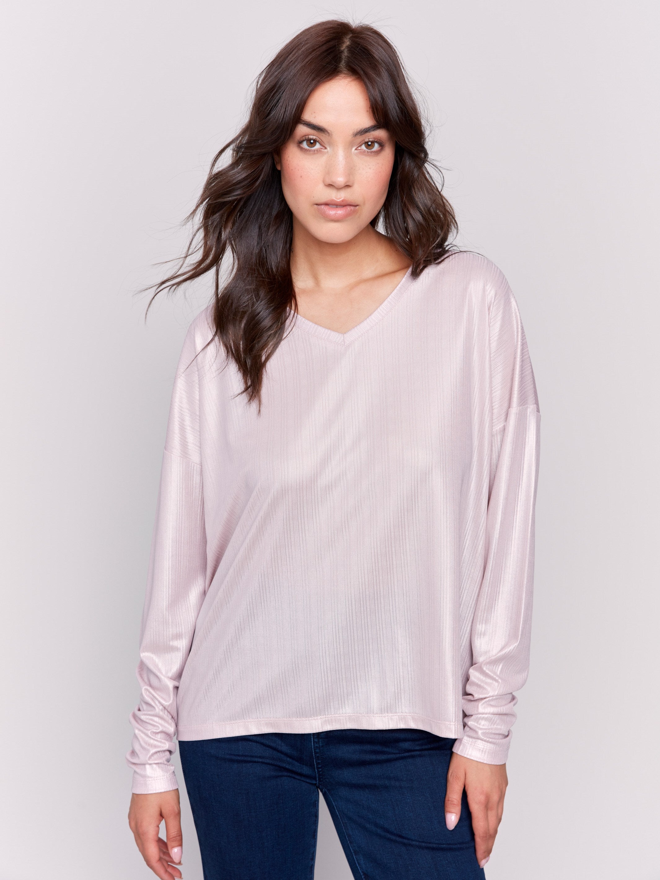 Long-sleeve, foiled-knit V-neck top in a shiny quartz pink color by Charlie B.