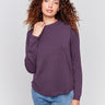 Plum purple long-sleeve sweater with a crew neck and frayed rounded hem by Charlie B.