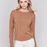 Truffle brown long-sleeve sweater with a crew neck and frayed rounded hem by Charlie B.