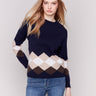 Navy blue argyle knit sweater with raglan sleeves, featuring a crew neckline by Charlie B.