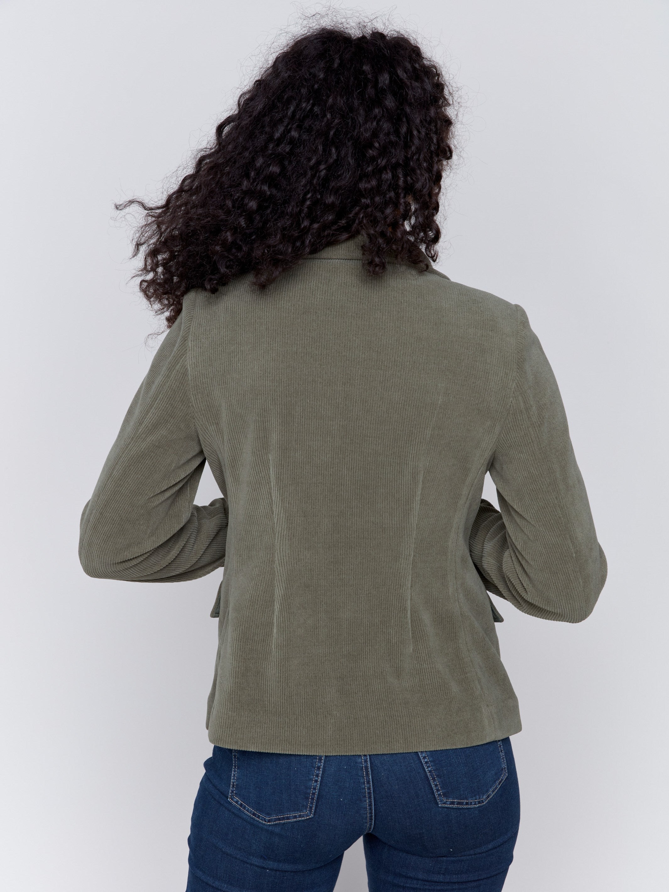 Olive green corduroy blazer with a single-button closure and flap pockets by Charlie B.