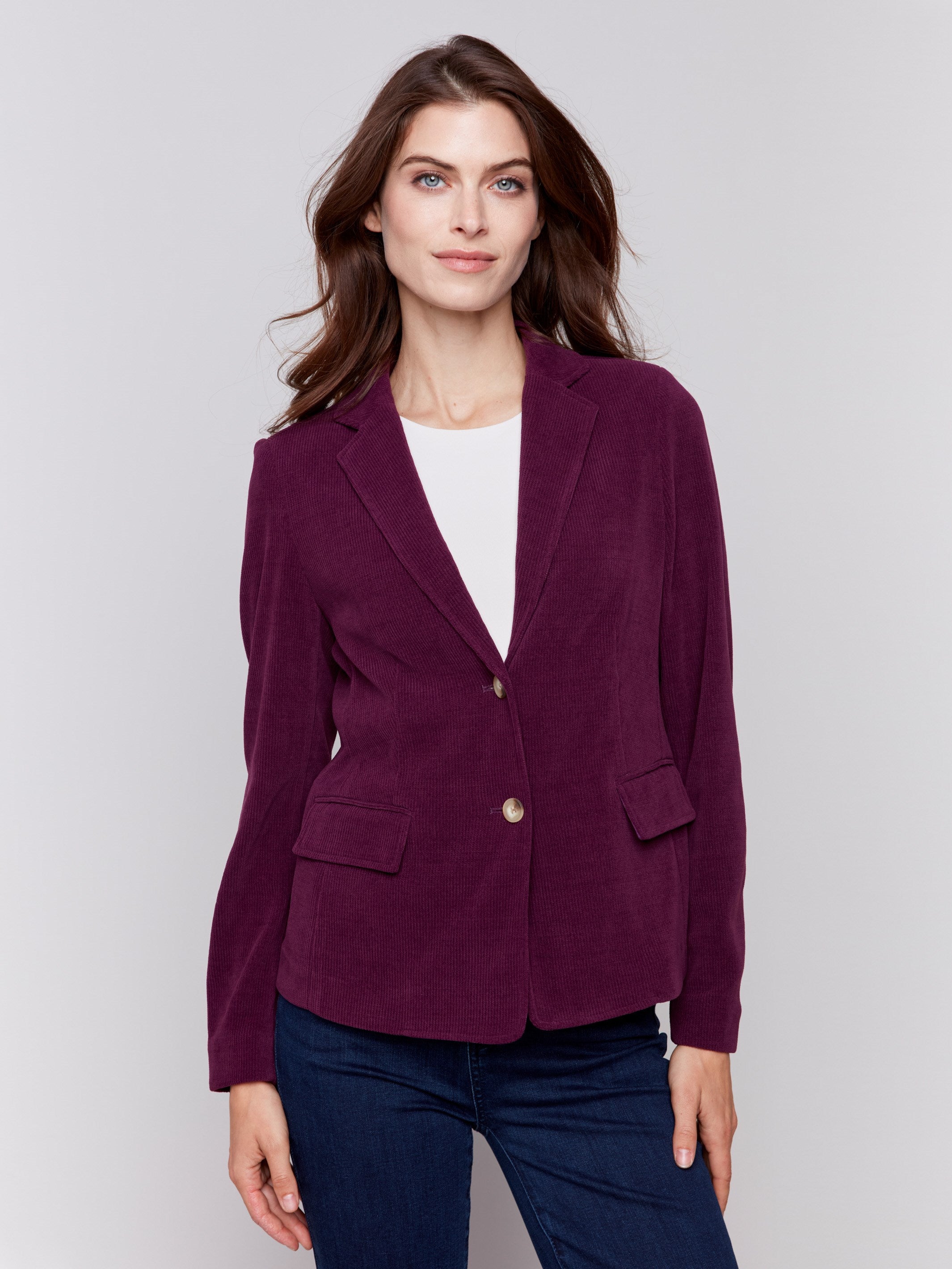 Mulberry corduroy blazer with a single-button closure and flap pockets by Charlie B.