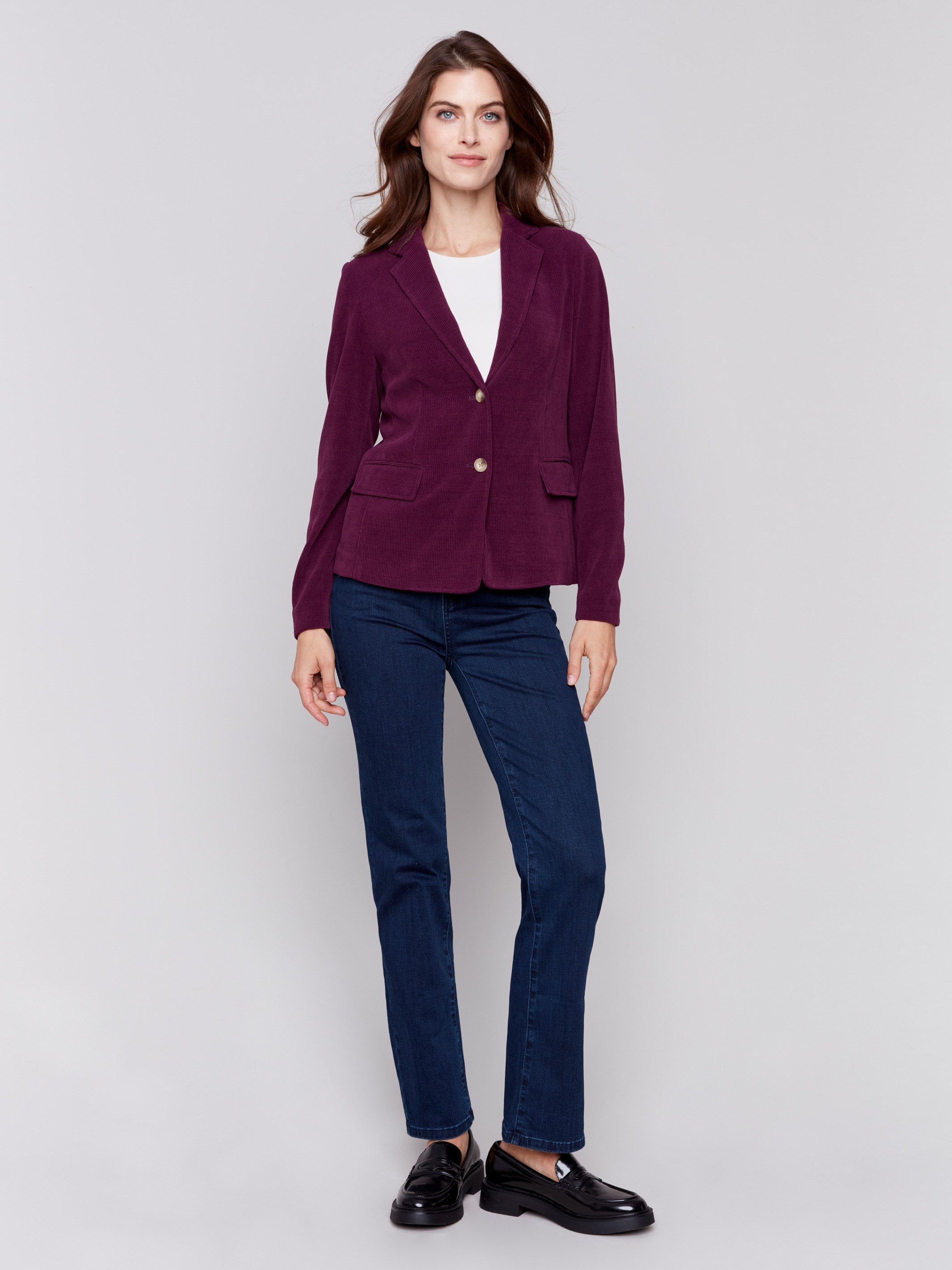 Mulberry corduroy blazer with a single-button closure and flap pockets by Charlie B.