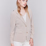 Almond-colored corduroy blazer with a hood, featuring two button closure, tailored fit, and two front flap pockets by Charlie B.