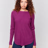 Mulberry knit sweater with a crew neckline, long ribbed sleeves, and back lace-up eyelet details by Charlie B.