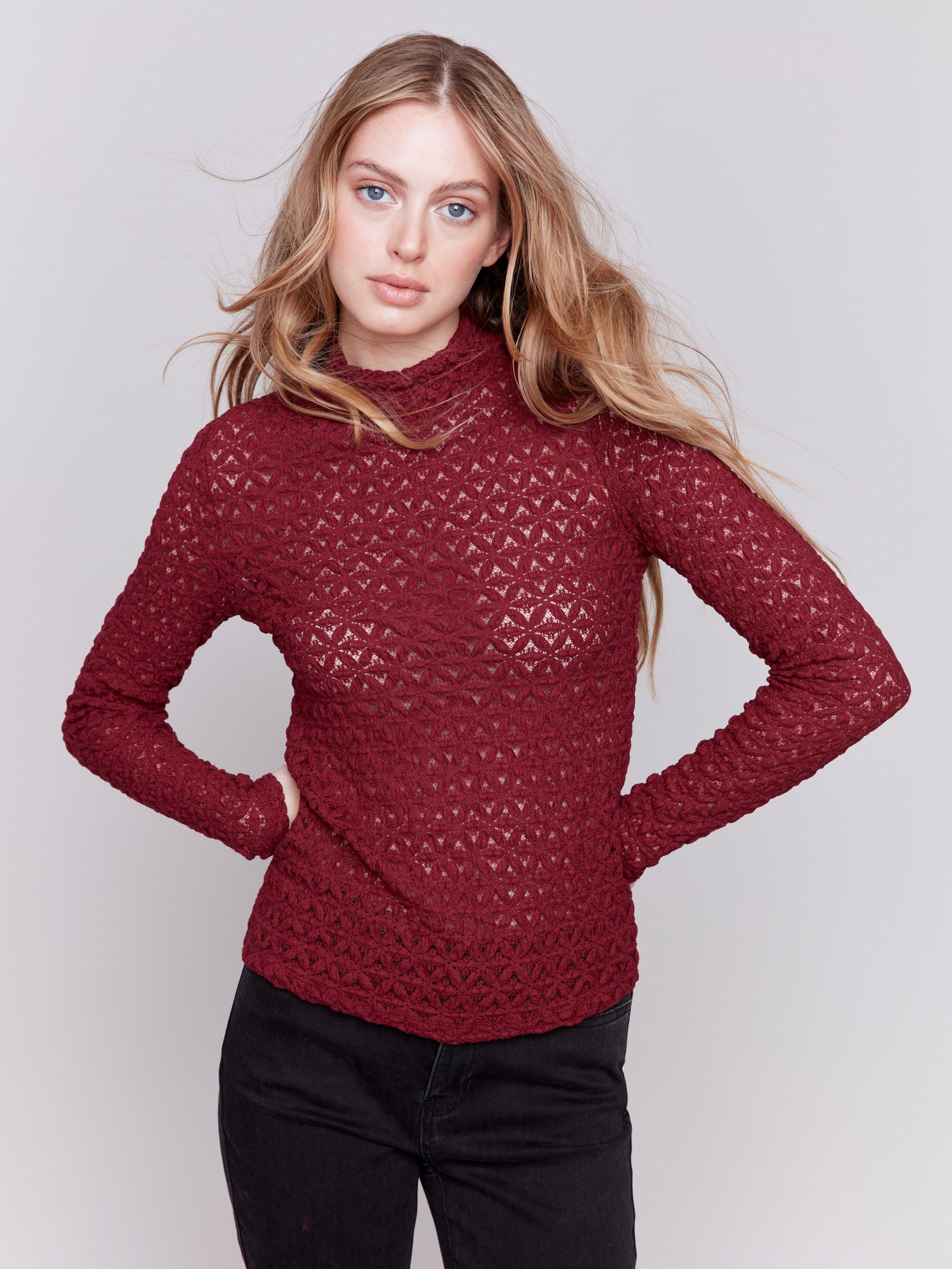 Cabernet red lace mock neck long sleeve top by Charlie B. Detailed lace pattern with long sleeves and fitted silhouette.