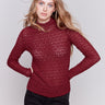 Cabernet red lace mock neck long sleeve top by Charlie B. Detailed lace pattern with long sleeves and fitted silhouette.