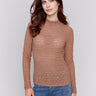 Truffle brown lace mock neck long sleeve top by Charlie B. Detailed lace pattern with long sleeves and fitted silhouette.