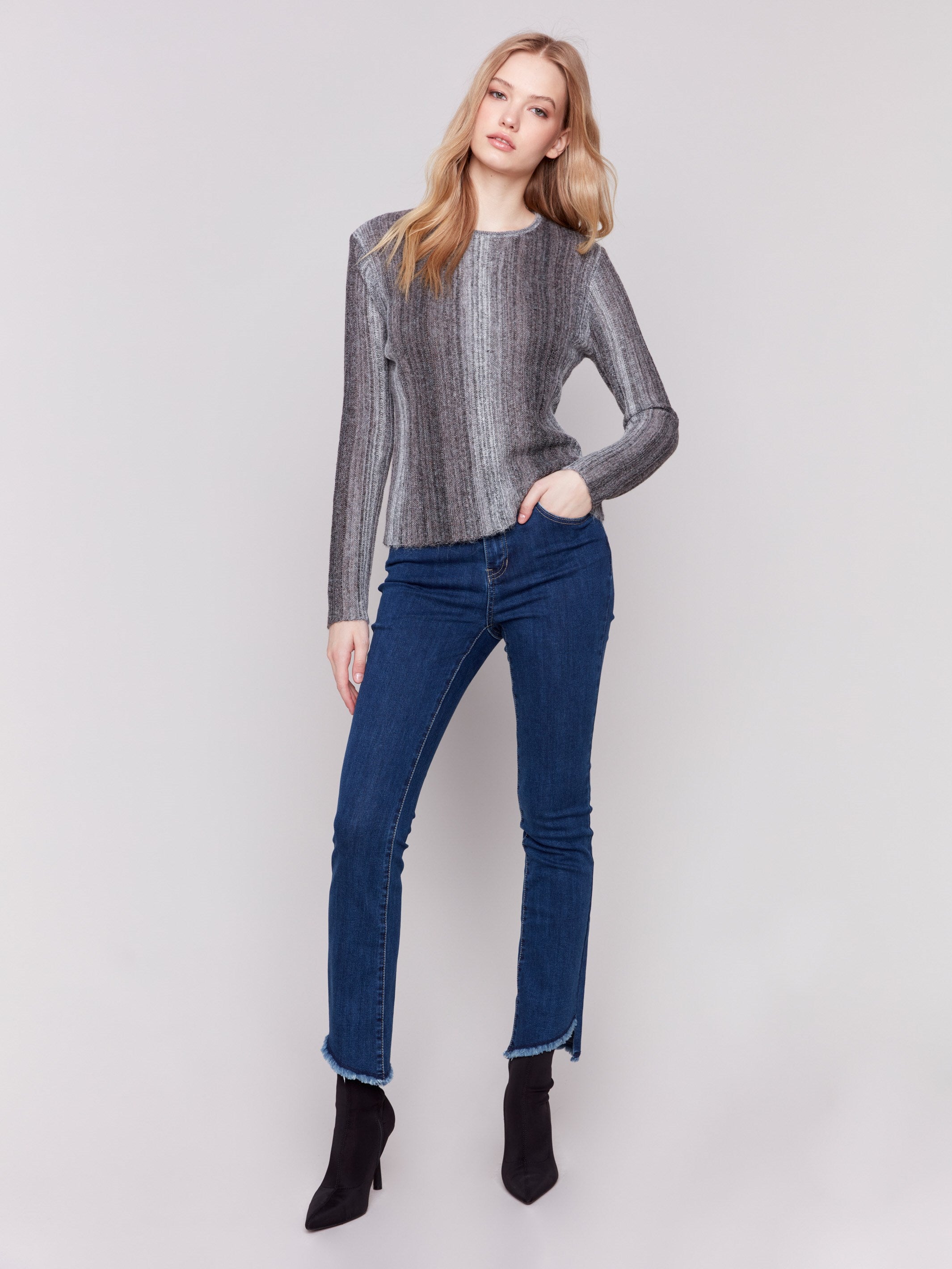 Charcoal grey ombre striped long-sleeved crop sweater with a crew neckline by Charlie B.