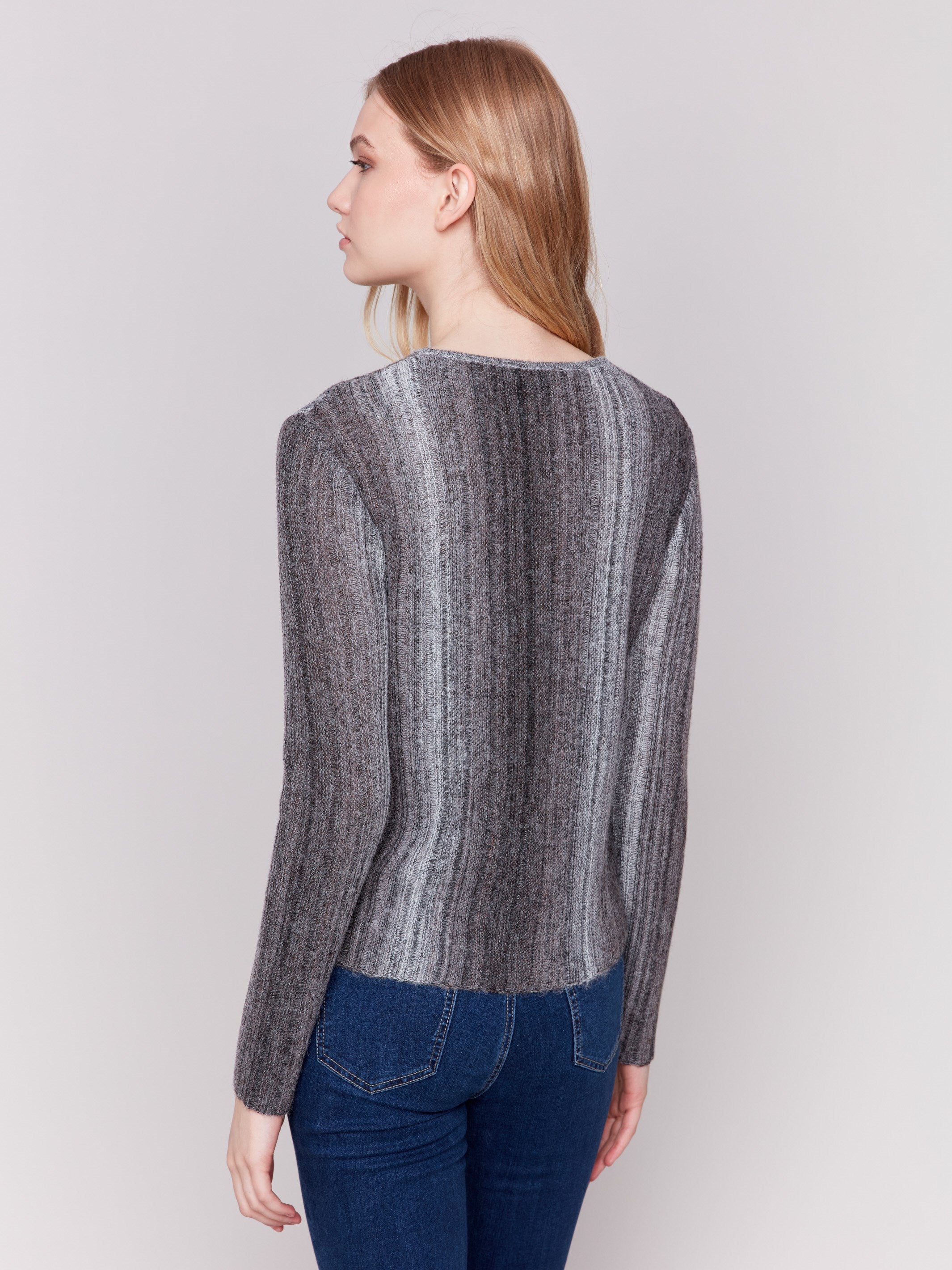 Charcoal grey ombre striped long-sleeved crop sweater with a crew neckline by Charlie B.