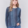 Denim blue ombre striped long-sleeved crop sweater with a crew neckline by Charlie B.