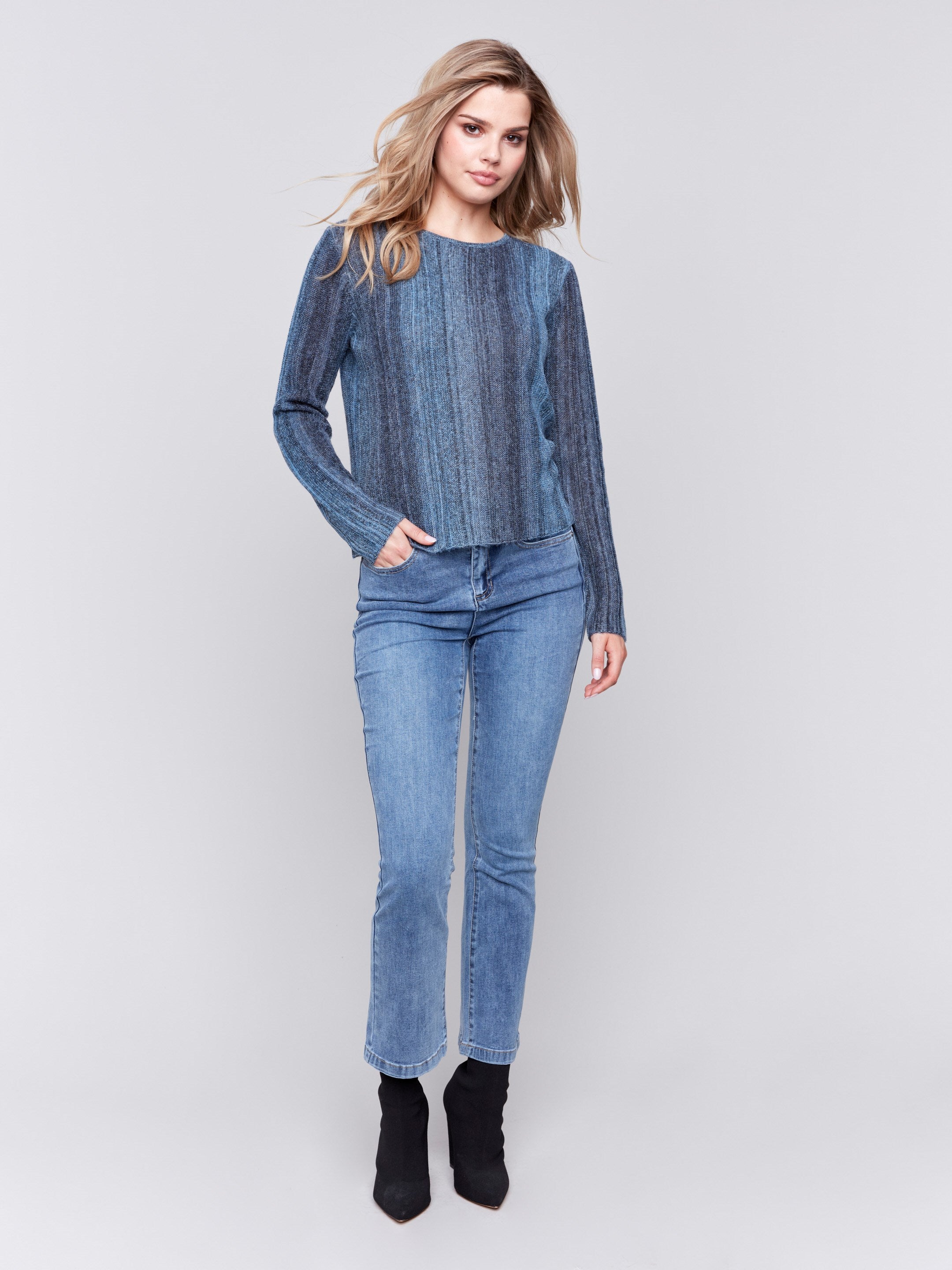 Denim blue ombre striped long-sleeved crop sweater with a crew neckline by Charlie B.