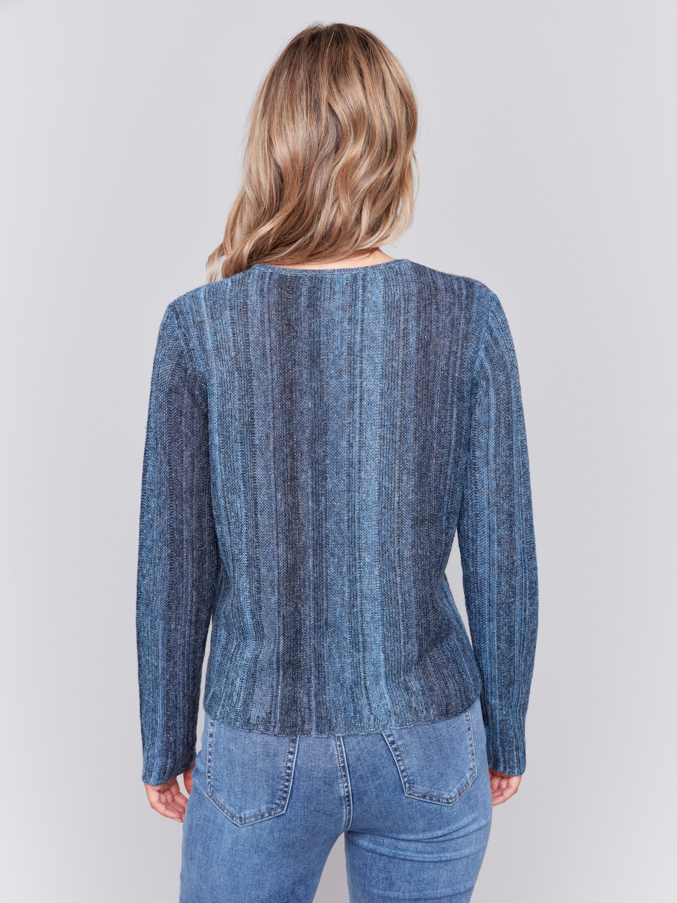 Denim blue ombre striped long-sleeved crop sweater with a crew neckline by Charlie B.