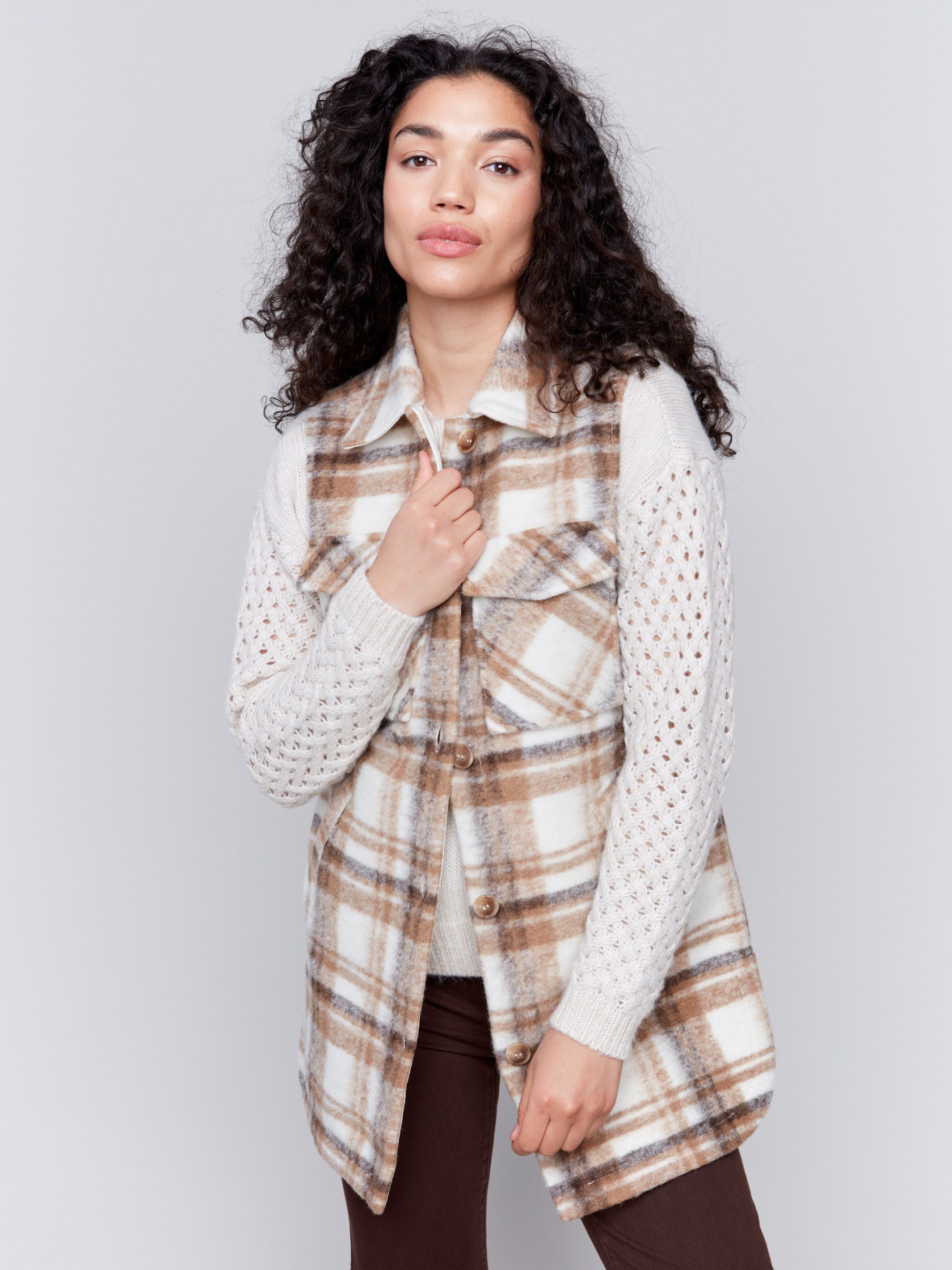 Truffle plaid long boiled wool vest with button closure and front pockets by Charlie B.