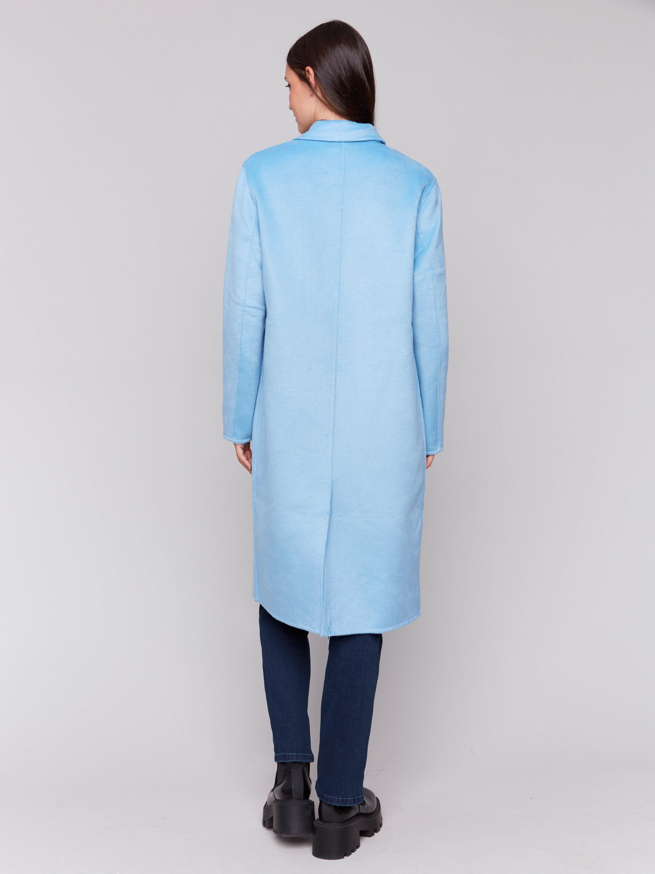 Frost blue grey long double-faced wool coat with a minimalist design, single-breasted front, and sleek button closure by Charlie B.