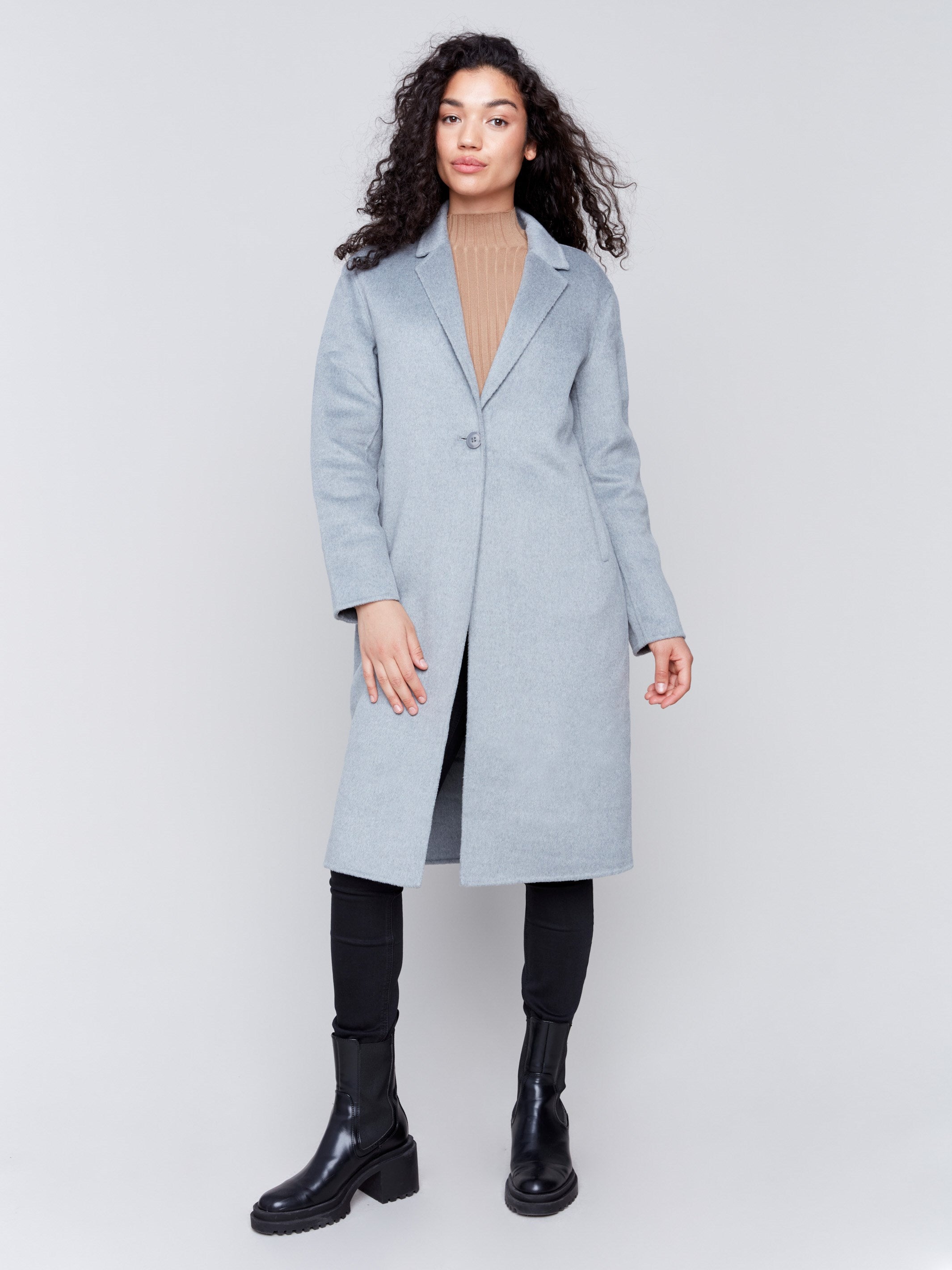 Grey long double-faced wool coat with a minimalist design, single-breasted front, and sleek button closure by Charlie B.