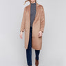 Truffle brown long double-faced wool coat with a minimalist design, single-breasted front, and sleek button closure by Charlie B.