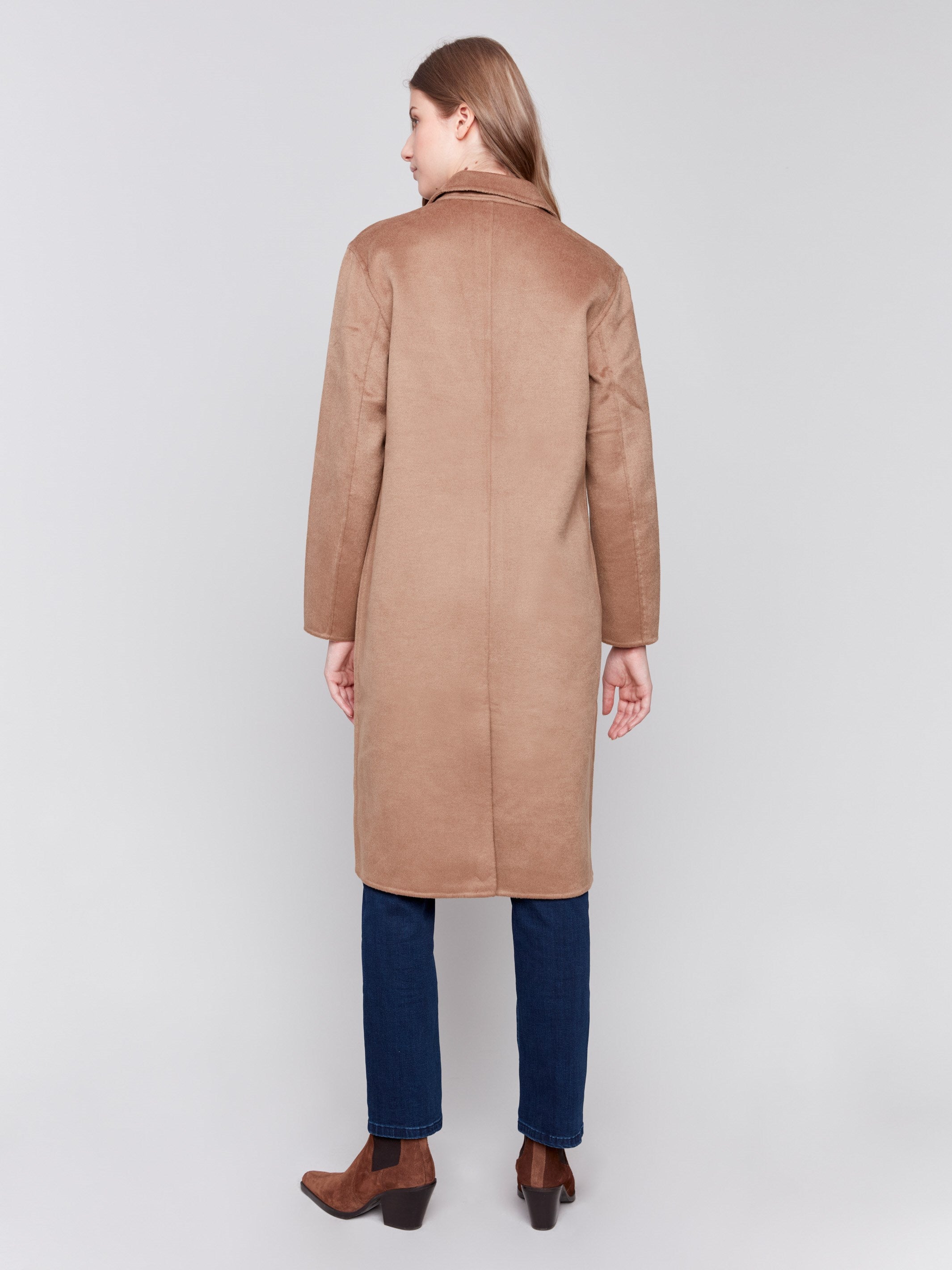 Truffle brown long double-faced wool coat with a minimalist design, single-breasted front, and sleek button closure by Charlie B.