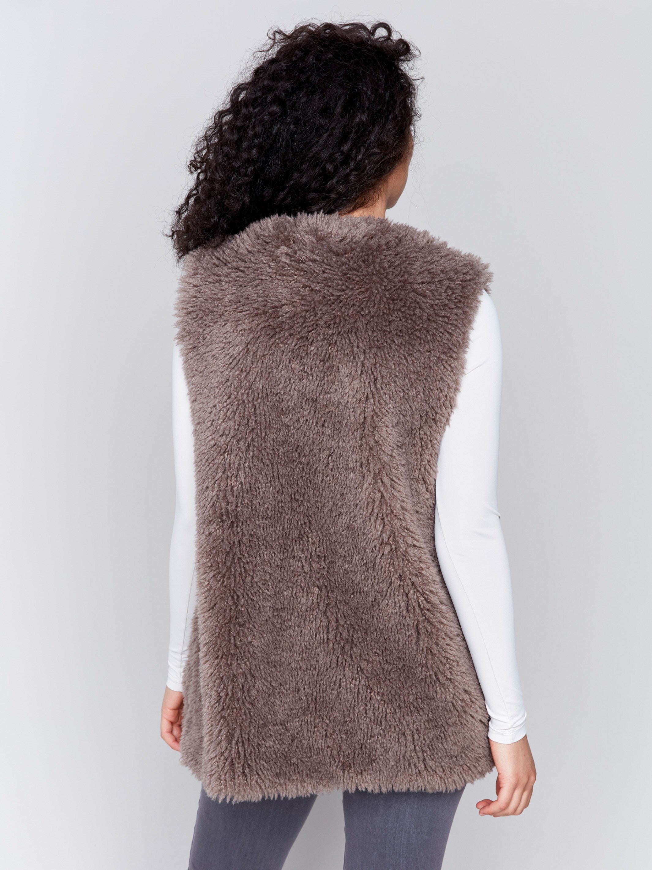 Taupe brown faux fur long vest without closure, featuring a soft and luxurious texture, perfect for a stylish and cozy look by Charlie B.